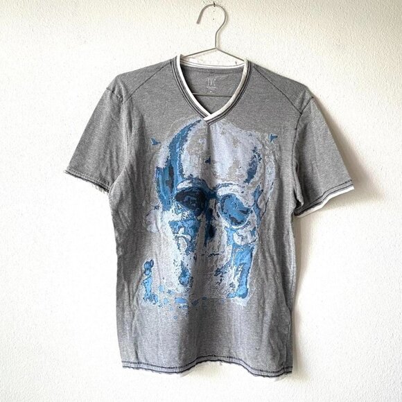Gray and White Double Sleeve Tee Shirt Blue Skull Print Women's S - Picture 1 of 4